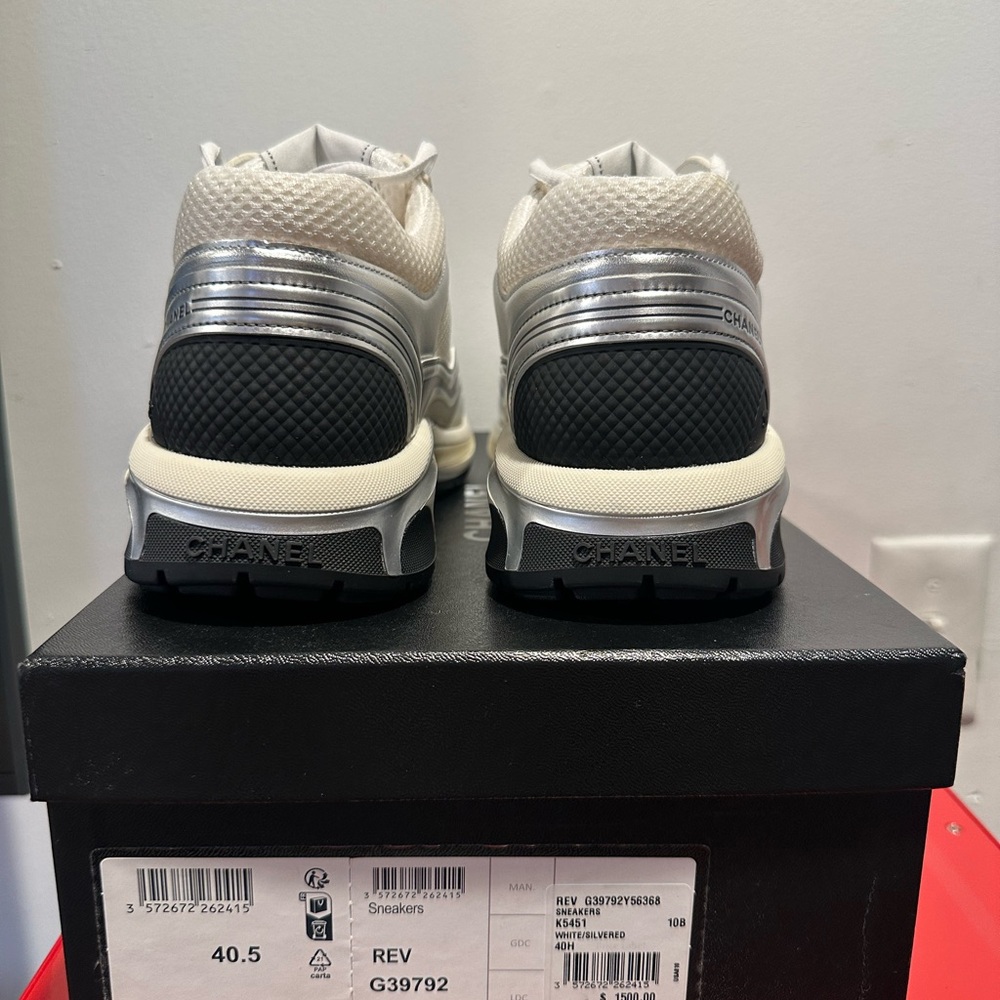 CHANEL Women's Metallic Silver and White Sneakers - Picture 5 of 7